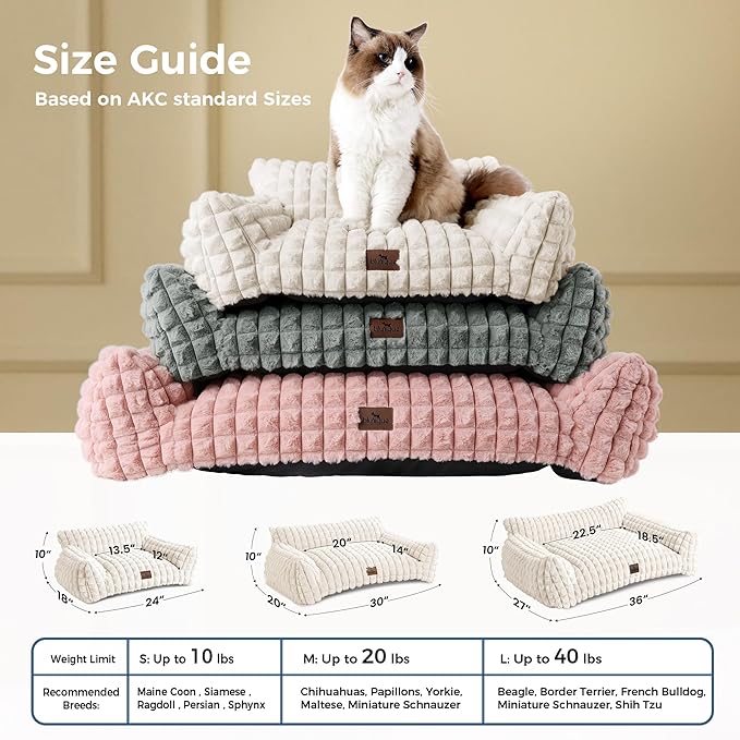 Orthopedic Dog Bed for Medium Dogs, Supportive Couch Style Pet Bed with Faux Rabbit Fur, Washable Removable Cover, 3D Diamond Pattern, 36 Inch, Off White
