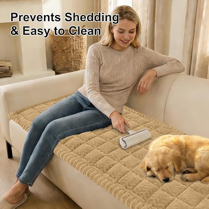 Smiry Non Slip Couch Covers for Dogs, Fuzzy Pet Couch Covers for 3 Cushion Sofa Pet Friendly, Soft Sofa Slipcovers Cushion Furniture Protector Washable (Camel, 27.6" x 82.7")