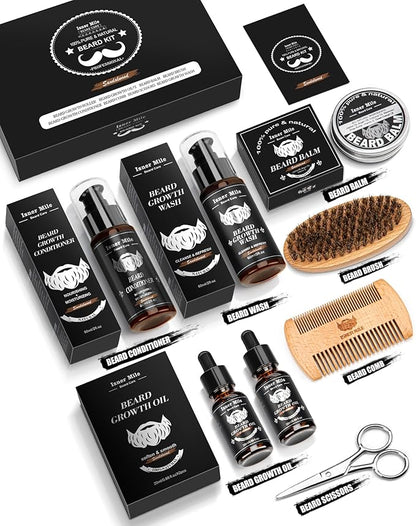 Beard Kit for Men Grooming & Care: with 2 Pack Beard Oils and Balm - Wash & Conditioner for After Shave Lotions Sandalwood, Brush and Comb Sets with Scissors, Valentines Fathers Gifts for Dad/Men/Him
