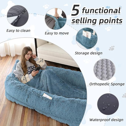 Human Dog Bed, 71''x45''x12'' Size Fits You and Pets, Washable Faux Fur Pet Bed for People Doze Off, Napping Orthopedic Dog Bed, Present Plump Pillow, Blanket, Strap - Navy