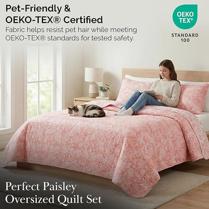 Southshore Fine Living, Inc. Twin XL Quilt Bedding Set, Boho Coverlet, Reversible Quilt, All Season 2-Piece Set with One Matching Quilted Pillow Sham, All Season Twin/XL Bedspreads for Adult, Coral