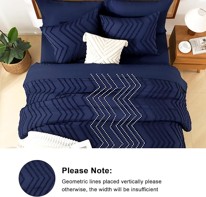 Litanika King Size Comforter Set with Sheets Navy Blue - 7 Pieces Bed in a Bag King Chevron Tufted Complete Bedding Sets with Comforter, Sheets, Pillowcases & Shams
