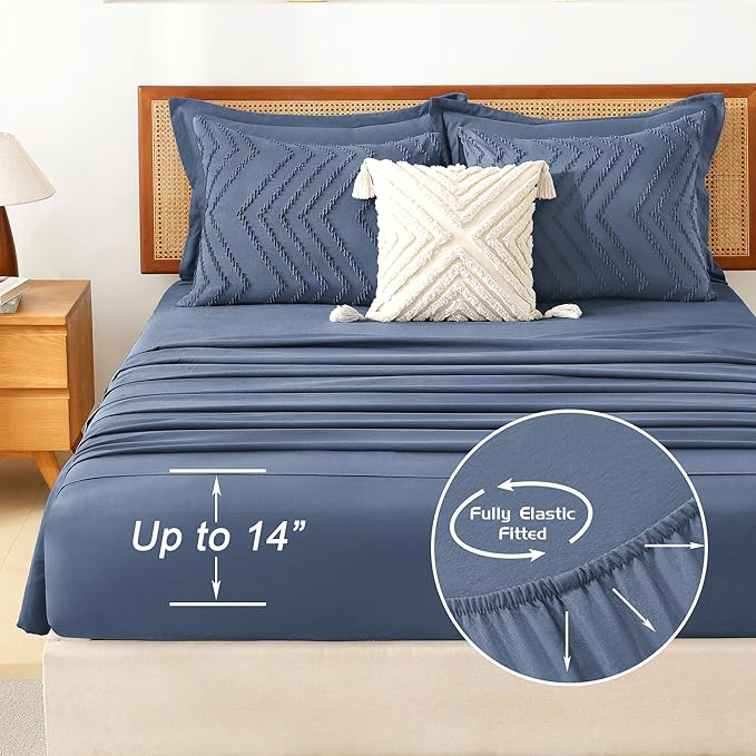 Litanika Oversized King Size Comforter Set with Sheets Ocean Blue - 7 Pieces Bed in a Bag Oversized King Boho Tufted Complete Bedding Sets with Comforter, Sheets, Pillowcases & Shams