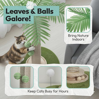 Cat Scratching Post 34 Inch with Rotating Turntable and Removable Hanging Ball, Cat Scratcher for Indoor Cats, Ultra Stable Base, Paw-FGreen Baseriendly Jute Material, Green Base