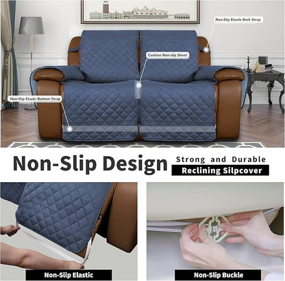Easy-Going Oversized Loveseat Recliner Cover, Reversible Couch Cover for Double Recliner, Split Sofa Cover for Each Seat with Elastic Straps for Kids, Dogs(Oversized 2 Seater, Dark Blue/Light Blue)