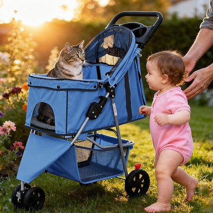 NEWBULIG 3 Wheel Pet Stroller for Dogs and Cats, Foldable, Lightweight and Durable, Ideal for Small to Medium Pets, Includes Storage Basket and Cup Holders