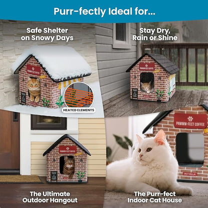 Deluxe Heated Cat House for Winter - Weatherproof, Insulated, Easy Assembly, Cat Heating Pad, Dual Escape Doors, Outdoor & Indoor Cat House - Coffee Pethouse