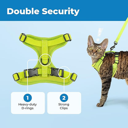 Voyager Escape-Proof Step-in Lock Cat Harness & 5ft Neoprene-Handle Leash Set All-Weather Mesh with Reflective Stitching for Small to Large Cats by Best Pet Supplies, Lime (327), S