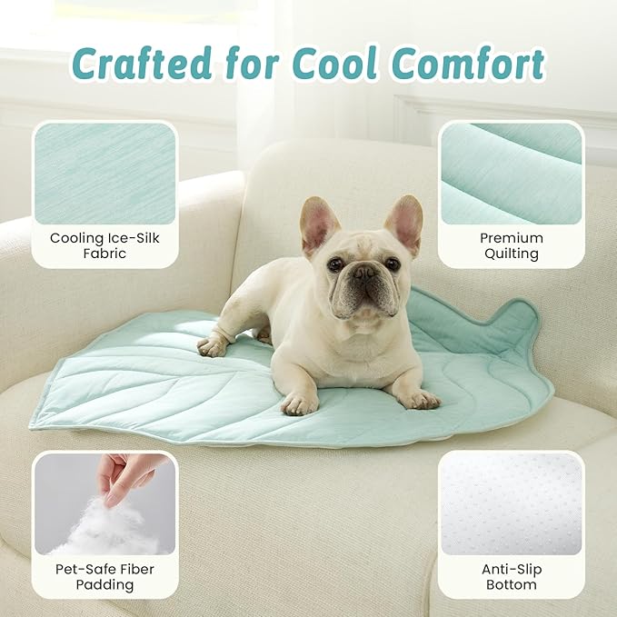 COZY KISS Dog Cooling Mat, Q-Max > 0.4 Leaf Shaped Pet Pad, Liquid Pee Proof Summer Mat for Cats, Washable Sleep Blanket for Bed Couch Floor Indoor, 39x34 inch, Green