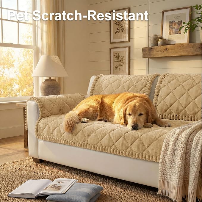 Smiry Fuzzy Couch Cover for Dogs, Non Slip Washable Pet Sofa Cover, Scratch Proof Hair Resistant Plush Sofa Slipcover, Pet Friendly Couch Cushion Protector for Cat, Camel, 27.6" x 47"