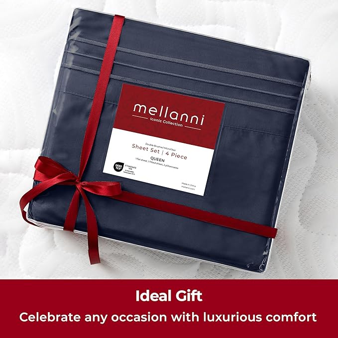 Mellanni Split King Sheets Set - 5 PC Iconic Collection Bedding - Hotel Luxury, Extra Soft, Cooling Bed Sheets - Wrinkle, Fade, Stain Resistant (Split King, Navy Blue)