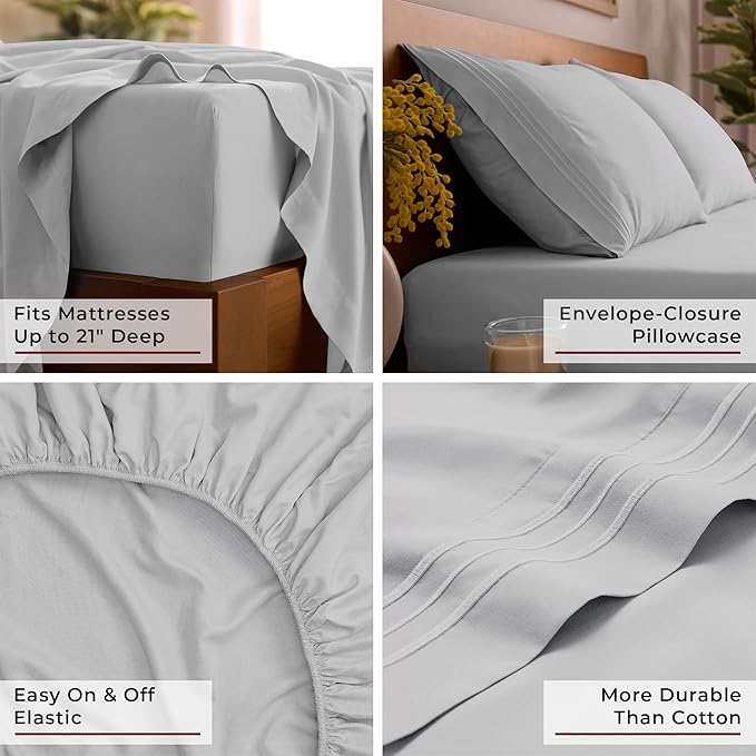 Mellanni Full Sheet Set - 6-Piece Iconic Collection Bedding, (Including 4 Pillowcases), 21-Inch Extra Deep Pocket, Easy Care, Ultra Soft, Cooling Sheets, Brushed Microfiber - Light Gray