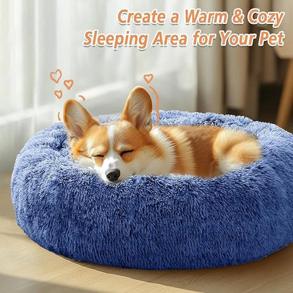 JOLLYVOGUE Calming Dog Bed Medium Size Dog, 31in Donut Washable Medium Pet Bed, Anti-Slip & Anti-Anxiety Fluffy Faux Fur Round Dogs Bed, Fits up to 45 lbs Pets (Navy Blue)