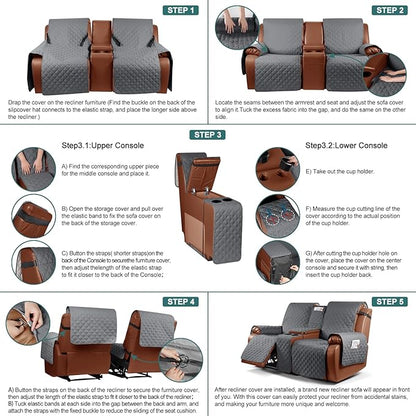 Ruaozz Waterproof Loveseat Recliner Cover with Console Non-Slip Reclining Couch Covers Split Sofa Slipcovers with Elastic Straps for Kids, Dogs, Pets (Dark Grey, 2 Seater)