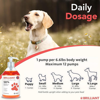 Brilliant Norwegian Salmon Oil for Dogs, Cats, Horse, Ferret - Pure Omega 3, 6 & 9 Fish Oil Food Treats Supplement for Natural Coat, Immune Support, Itchy Skin, Joint & Brain Health - 2x16.9 oz