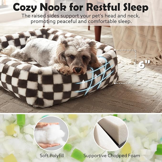 JOEJOY Small Dog Bed for Small Dogs, Removable Washable Cover Orthopedic Soft Faux Rabbit Fur Pet Bed, Anti-Slip Fluffy Plush Puppy Bed, 20"x19"x6", Checkered, Brown