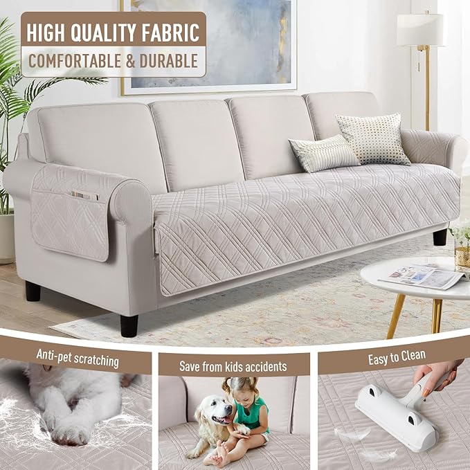 TAOCOCO Waterproof Oversized Couch Covers for Pets Dogs with Non Slip Backing, Sofa Seat Covers with Pocket for 4 Cushion Couch Washable Dog Couch Protector Sofa Slipcovers(Oversized Sofa, Cream)