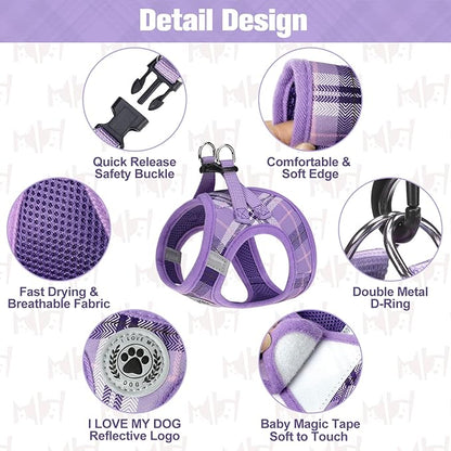 BEAUTYZOO Small Dog Harness and Leash Set, Step in No Choke No Pull Soft Mesh Dog Harnesses Reflective for Extra-Small/Small Medium Puppy Dogs and Cats, Plaid Dog Vest Harness for XS S Pets, Purple M
