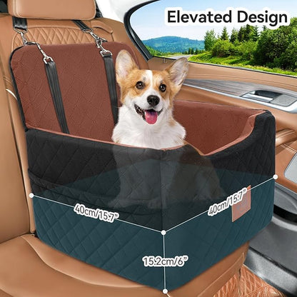 GL GLENSLAVE Dog Car Seat for Small/Medium Dogs Under 35lbs,Memory Foam Dog Booster Seats,Detachable and Washable Traval Pet Car Seat, Dogs Bed with 2 Safety Belts(Balck/Brown)