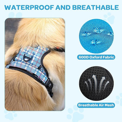 FURRYFECTION Plaid Dog Harness for Large Dogs, Reflective No Pull Adjustable Pet Vest with Front Clip, Leash, Easy Control Handle and Seat Belt, Blue&White, XL