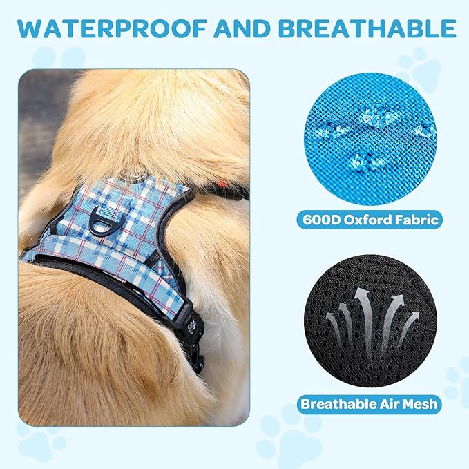 FURRYFECTION Plaid Dog Harness for Medium Dogs, Reflective No Pull Adjustable Pet Vest with Front Clip, Leash, Easy Control Handle and Seat Belt, Blue&White, M
