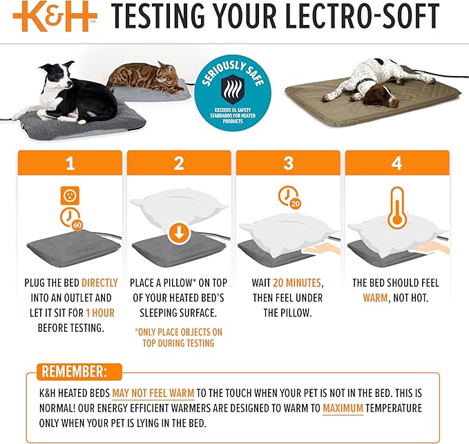 K&H Pet Products Lectro-Soft Orthopedic Outdoor Heated Dog Bed for Large Dogs or Multiple Cats, Safety Listed Warming Pad, Waterproof, Soft & Flexible, Washable Cover - Large 36 X 25in Gray 60W