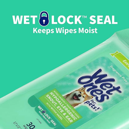 Wet Ones for Pets Extra Gentle Dog Wipes with Witch Hazel for Snout, Eye, Ear - Fragrance-Free Wipes for Dogs with Wet Lock Seal, 30 Count