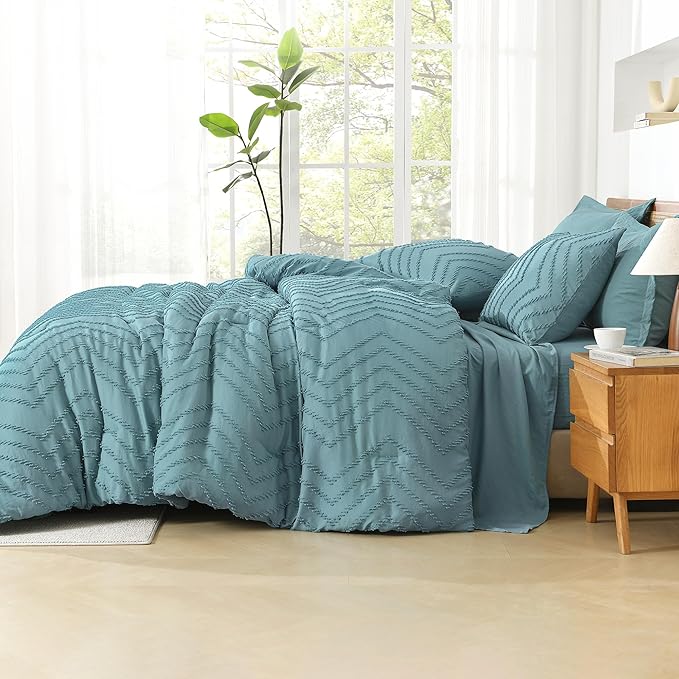 Litanika Grayish Teal California King Size Comforter Set with Sheets - 7 Pieces Bed in a Bag California King Boho Tufted Complete Bedding Sets with Comforter, Sheets, Pillowcases & Shams