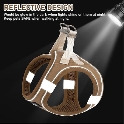 GAMUDA Small Pet Harness Collar and Leash Set, Step in No Chock No Pull Linen Fabric Soft Mesh Dog Vest Harnesses Reflective for Dogs Puppy Cats Kitten Rabbit (Brown, XS)
