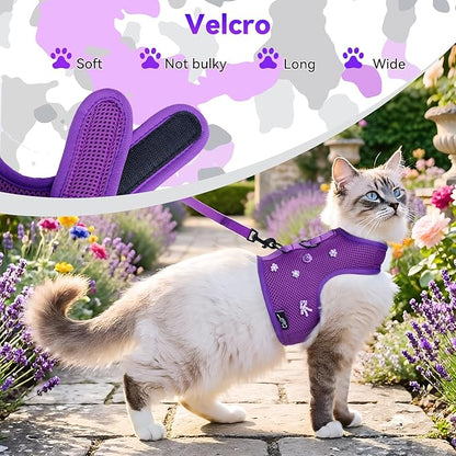 Cat Harness and Leash for Walking Escape Proof Breathable Mesh Fabric, Purple, Extra Large, Adjustable Cat Walking Jackets with DIY Beads, Padded Stylish Cat Vest