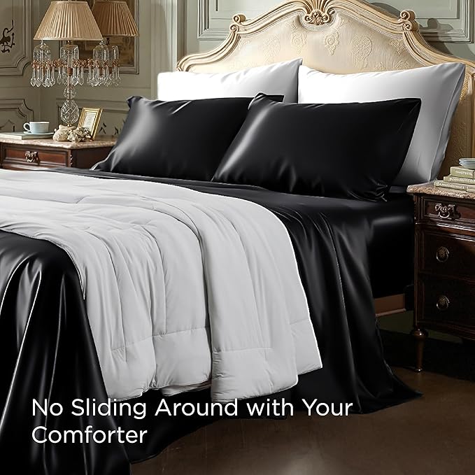 Bedsure Black Satin Sheets Queen Size - 4 Piece Silky Bedsheets with Elastic Corner Straps and 15 Inches Deep Pocket Fitted Bedsheet,1 Flat Sheet, 2 Satin Pillowcases, Good for Hair& Skin(Queen,Black)
