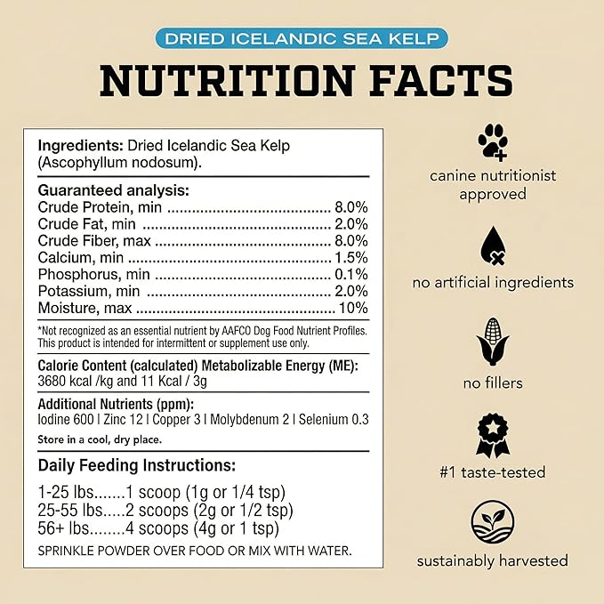 Organic Kelp Powder for Dogs, Dried Sea Kelp Supplement for Thyroid Function, Dental Health, Immune Support, Digestion, Skin & Coat - Iodine Rich - Multivitamin for Cats & Dogs - Made in USA
