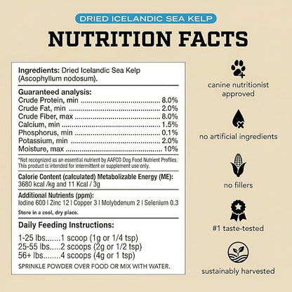 Organic Kelp Powder for Dogs, Dried Sea Kelp Supplement for Thyroid Function, Dental Health, Immune Support, Digestion, Skin & Coat - Iodine Rich - Multivitamin for Cats & Dogs - Made in USA