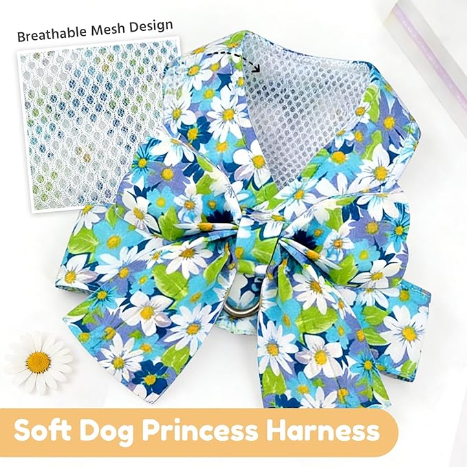 BAEJMJK Dog Harness and Leash Set with Bow Knot No Pull Pet Daisy Floral Harness with D-Ring Soft Mesh Dog Harness Vest Set Escape Proof Princess Puppy Harness for Small Girl Dogs Cats（Blue A L）