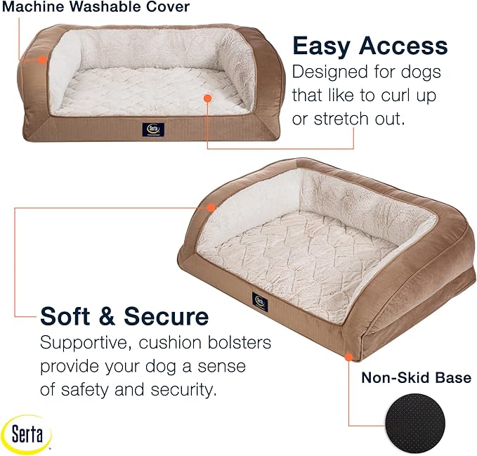 Serta Orthopedic Quilted Couch Dog Bed for Pets – Desert Sand (Large)