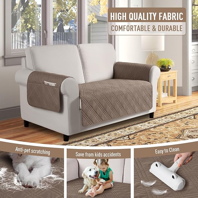 TAOCOCO Waterproof Loveseat Covers for Pets Dogs with Non Slip Backing, Sofa Seat Covers with Side Pocket for 2 Cushion Couch Washable Dog Couch Cover Protector Sofa Slipcovers(Loveseat, Taupe)