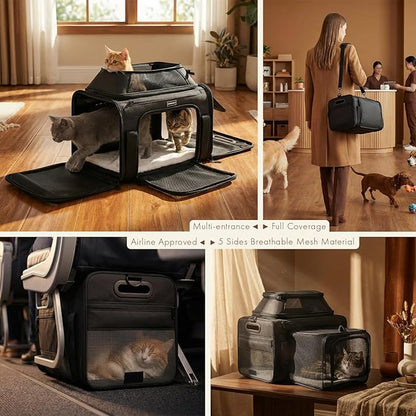 Top and Side Expandable Pet Carrier with Treat & Pet Window,18x11x11 Inch Delta American United Airline Approved,Soft-Sided Dog Carrier for Small Dogs and Cats,Travel Cat Carrier with Locking Zippers