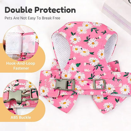 BAEJMJK Dog Harness and Leash Set with Bow Knot No Pull Pet Daisy Floral Harness with D-Ring Soft Mesh Dog Harness Vest Set Escape Proof Princess Puppy Harness for Small Girl Dogs Cats（Pink L）
