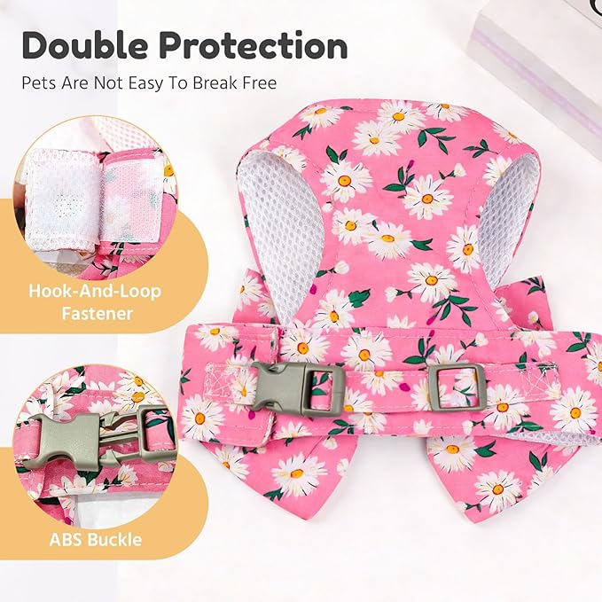 BAEJMJK Dog Harness and Leash Set with Bow Knot No Pull Pet Daisy Floral Harness with D-Ring Soft Mesh Dog Harness Vest Set Escape Proof Princess Puppy Harness for Small Girl Dogs Cats（Pink XS）