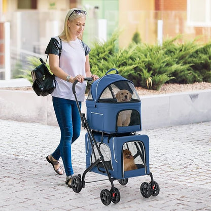 Giantex Double Dog Stroller for 2 Dogs, Detachable Carriers, Safety Belt, 4 Lockable Wheels, Pet Travel Carrier Strolling Cart, Folding Cat Stroller for Small Medium Pets Dogs (Blue)