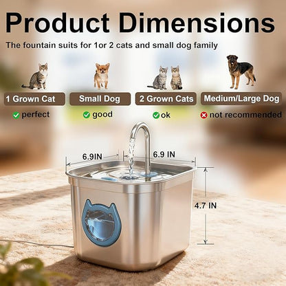 Homtyler Luxury Automatic Cat Water Fountain for Pets, 2.2L/74oz Stainless Steel Dog Water Dispenser with Filter, BPA Free & Silent, Featuring LED Light, Easy Clean & Cat View Window