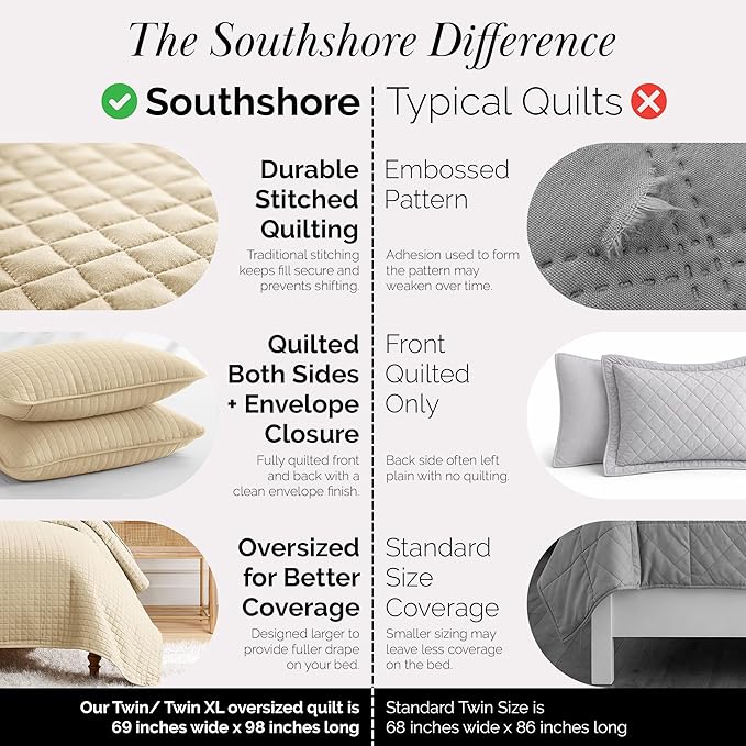 Southshore Fine Living, Inc. Twin XL Comforter Quilt Bedding Set, Dorm Room Essential Bedding, Stain Resistant, Machine Washable Bedspread, XL/Twin Beige Quilt Bed Spread w/Pillow Sham, Soft Sand