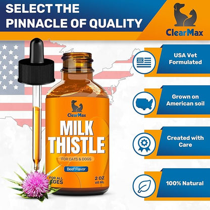 Milk Thistle for Dogs & Puppies – Liquid Supplement for Liver & Kidney Support – Milk Thistle for Cats & Kittens – Effective Digestion Care with Natural Beef Flavor & No Additives – 2 Oz Bottle