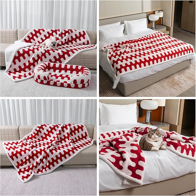 Waterproof Pet Blanket,Dog Bed Covers Small Throw for Puppy Cats Stylish Jacquard Pets Couch Sofa Furniture Protection Washable Reversible Covers (Red Wave,XS)