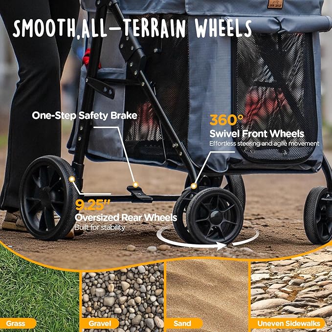 CANINE CANYON Scout Pet Stroller, Heavy Duty Dog Stroller for Small & Medium Dogs, Foldable Pet Stroller with All-Terrain Wheels, Breathable Mesh, Storage Pocket & Cup Holder, 55 lbs Capacity, Grey
