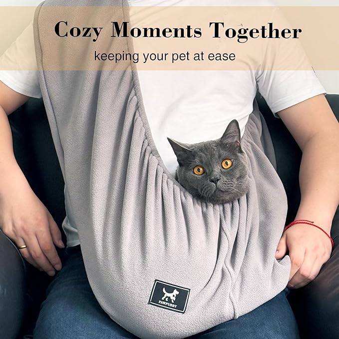 Polar Fleece Cat Sling Carrier (Large - for People 180cm+ & Pets 10-18 lbs) – Fixed Elastic Strap Pet Cuddle Bag for Indoor Snuggling, Soft Hands-Free Carrier (Dark Gray)