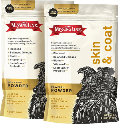 The Missing Link Skin & Coat + Probiotics Supplement 1lb Bag 2/Pack - Powerful Superfood Powder for Dogs Supports Healthy Skin & Glossy Coat, Promotes Hair Growth