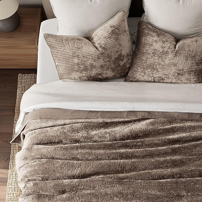 EverGrace Velvet Quilt Set Queen Size, Luxurious Soft Quilted Bedding Sets, Lightweight Velvet Comforter for All Season, Striped Channel Bedspread Coverlet with 2 Shams, Natural Tan