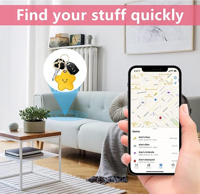 Leather Keychain Holder Case Compatible with AirTag,Cute Protective Cover with Keyring,Anti-Scratch Finder GPS Tracker Case for Wallet Keys,Bag,Pets,Backpack(Yellow Star)