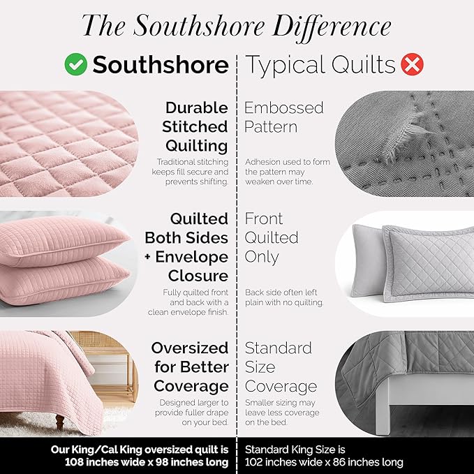 Southshore Fine Living, Inc. Pink King Quilt Set with 2 Pillow Shams, Stitched Lightweight Coverlet, King Size, Stain & Pet Hair Resistant Bedding Set, Fits Standard or California Beds, Pastel Pink
